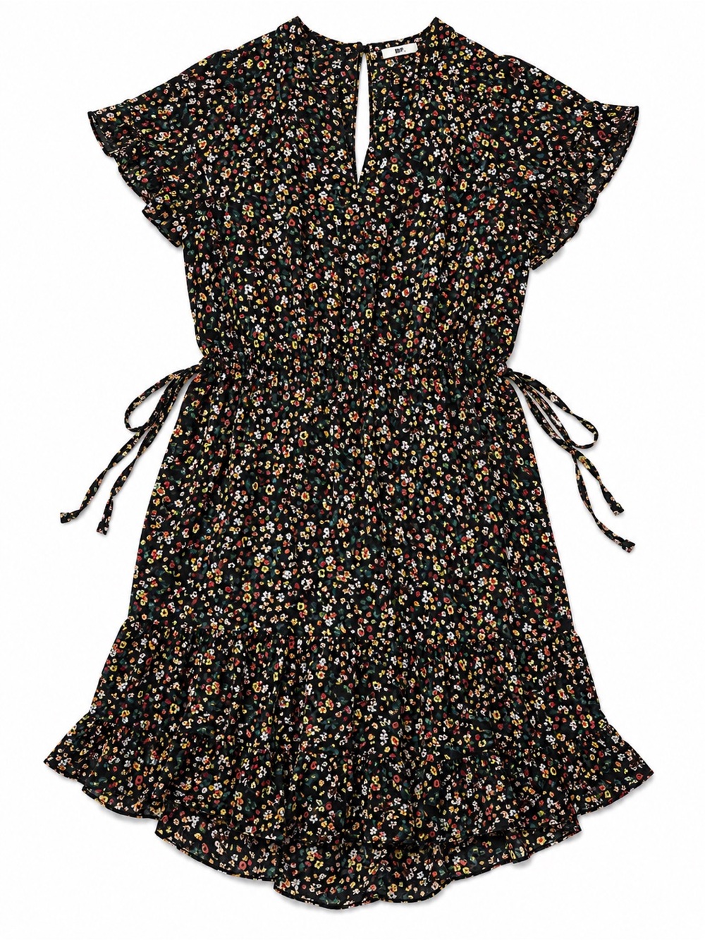 miami Black Floral Ruffle Tie-Waist Mini Dress